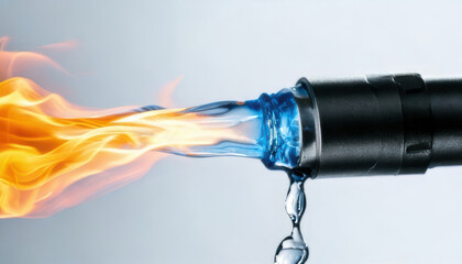 Powerful conceptual view of clean hydrogen production contrast between fire and water from pipe. Innovative energy technology represents sustainable future with alternative fuel