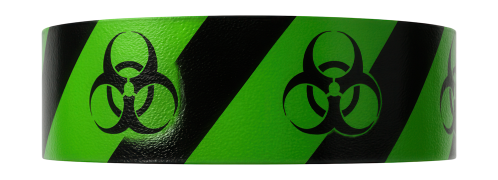 Green and black hazard tape for marking biohazard zones in labs.