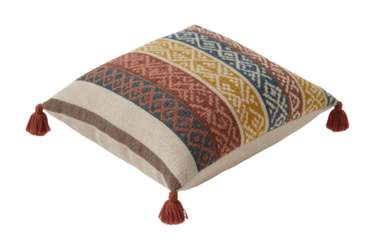 A vibrant square decorative pillow with multi-colored striped geometric patterns and corner tassels, perfect for bohemian or ethnic decor. background removed