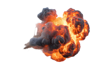 A powerful, fiery explosion with vivid orange flames and dark grey smoke billows dynamically outwards, set against a solid transparent background. background removed