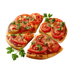 This flatbread features fresh tomato slices and herbs, making it a tasty dish perfect for a snack or meal