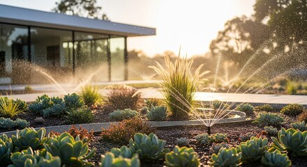 Smart outdoor sprinkler heads spraying water in the garden near minimalist architecture
