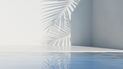 3d rendering of abstract minimal Geometry background, Empty space with palm leaf shadow on white wall and water, Product presentation backdrop