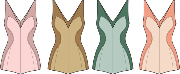 Set of retro fashion one-piece bodysuits or swimsuits in various colorways. Vector illustration for apparel design and summer collection concepts, isolated on a white background