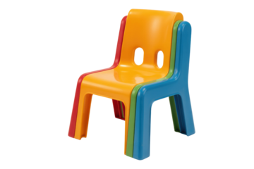 Three brightly colored, stackable plastic chairs for children, including red, orange, green, and blue, perfect for playrooms or classrooms. background removed