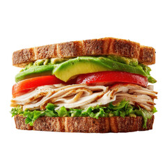 A mouthwatering turkey sandwich featuring lettuce, tomato, and avocado stacked high on whole grain bread