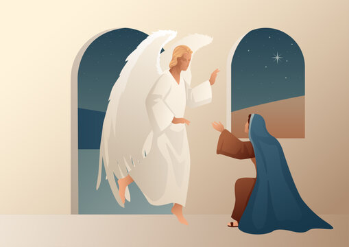 The Annunciation, Angel Gabriel Appears to Mary, Biblical Story Vector Illustration
