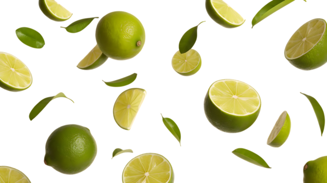 Fresh green limes and slices, scattered with leaves, cutout, PNG isolated on white or transparent background citrus fruit