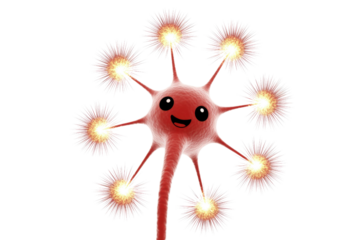 Cute, smiling nerve cell with bright, active dendrites on a transparent background, illustrating neural communication and cognitive processes. background removed