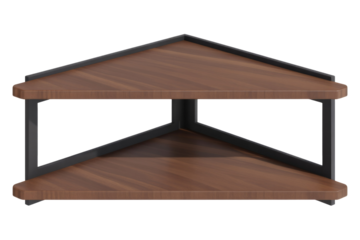 Modern two-tier corner shelf with dark wood-grain triangular shelves and a sleek black metal frame, perfect for space-saving home organization. background removed