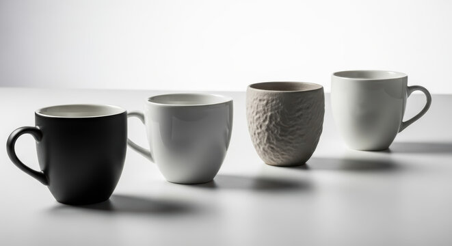 Four ceramic cups in minimalist style, black white beige