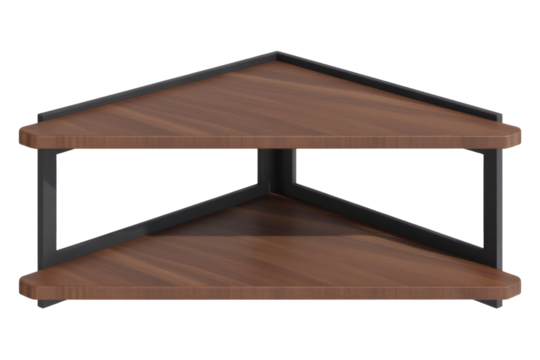 Modern two-tier corner shelf with dark wood-grain triangular shelves and a sleek black metal frame, perfect for space-saving home organization. background removed