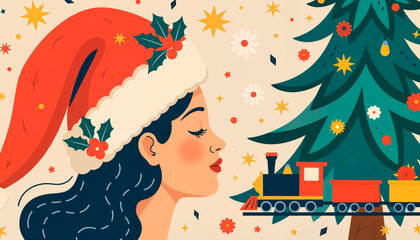 Young woman in Santa hat posing beside decorated Christmas tree  