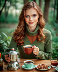 Young woman with a charming smile enjoying coffee in a cozy outdoor setting surrounded by greenery