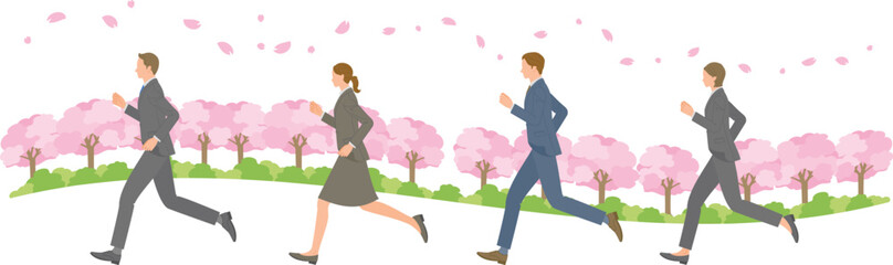 Business people running under cherry blossoms, spring commute and new start concept