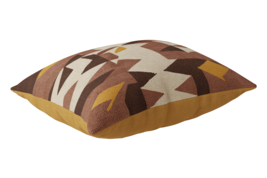 Stylish brown and beige geometric pattern cushion with mustard yellow trim, perfect for adding warmth and a modern touch to any decor. background removed