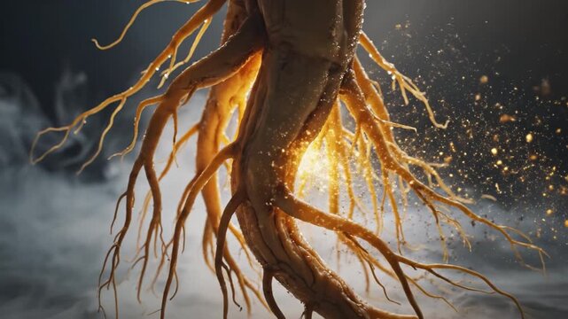 Close Up of Organic Tree Roots Mystical Glow and Intricate Textures in Natures Environment, Showcasing Detailed Structures and Enchanting Atmosphere