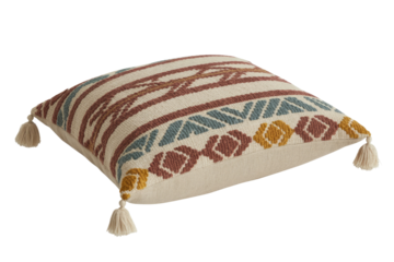 Decorative square cushion featuring a vibrant, woven tribal pattern in earthy tones with tassels on each corner. background removed