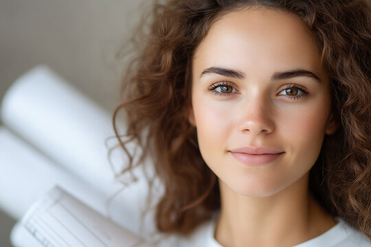 A cheerful face of an architect with curly hair holds blueprints. She embodies innovation and design expertise in the architectural world, showcasing a blend of creativity.