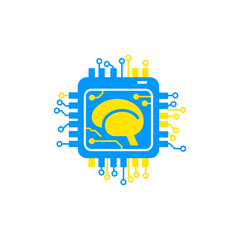 Artificial intelligence chip processes information with brain symbol, representing advanced technology and future innovation.