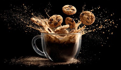 Chocolate chip cookies splashing into coffee in a glass mug