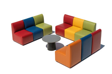 Obraz premium A vibrant arrangement of modular, multi-colored sofas and a round gray table against a solid transparent background, creating a playful lounge area. background removed