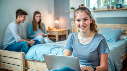 Cheerful young woman using a laptop in her college dorm room while friends chat in the background