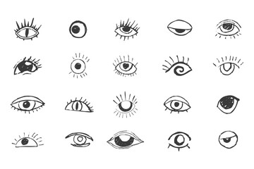 Eyes Crazy set doodle black eyes. Open eye creative hand drawn human parts of faces elements, various opened eyes. Black ink vision icon, hand drawn grunge ophthalmologist symbol, drawn charcoal eyes