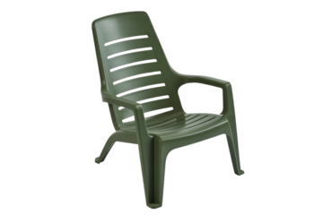 A dark green plastic outdoor chair with slatted back and seat, featuring armrests, suitable for various settings. background removed