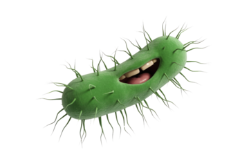 A cheerful, green cartoon bacterium with a wide smile and numerous hair-like appendages, exuding a friendly, microscopic vibe. background removed
