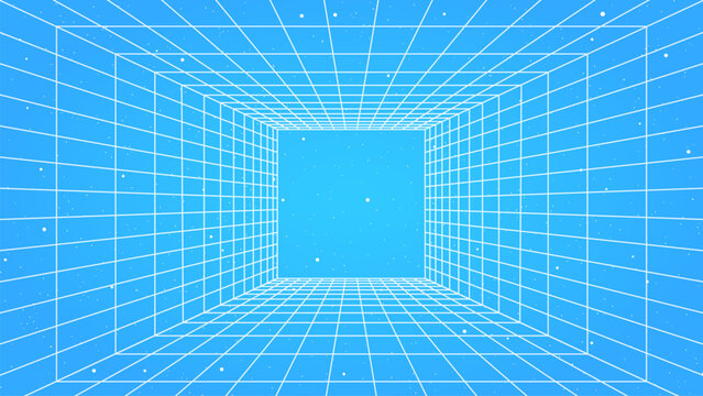 3D wireframe perspective grid room template design vector illustration background. Empty three dimensional virtual room perspective wireframe grid geometric sketch. Cyber virtual line interior frame.