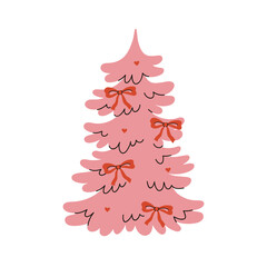 Pink Christmas tree with red bows. graphics