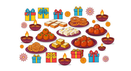 Colorful Diwali Treats and Gifts Illustration Celebrating the Festival of Lights in Style