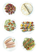 Russian menu. Pancakes, vinaigrette, grilled sausages, shashlik, vegetarian shashlik, salad. Healthy food composition. Watercolor hand drawn illustration