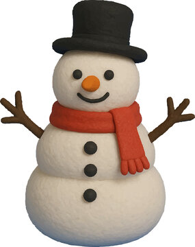 Cute plasticine snowman with top hat and red scarf. 3D handmade clay figure for Christmas holiday, isolated on white background