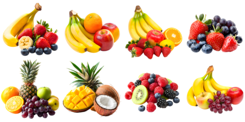 A selection of various juicy, healthy fruits and berries isolated on a transparent background PNG