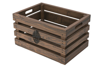 Dark brown rustic wooden crate with slatted sides and cut-out handles, featuring a decorative metal latch. Ideal for storage and decor. background removed