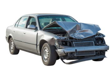 A silver sedan with severe front-end damage from a collision, showing a crumpled hood, cracked windshield, and detached bumper. Isolated on green. background removed