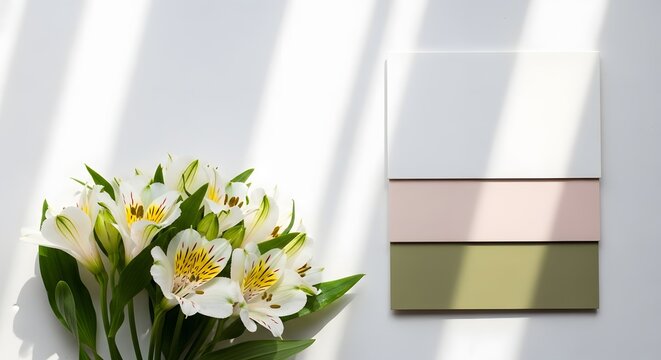 White alstroemeria flowers and color swatches isolated on white background