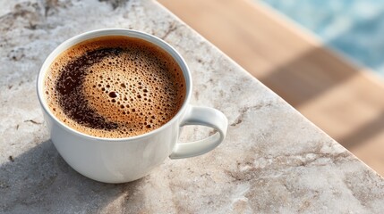 Crisp Top Down Photo of a Fresh Hot Latte in a White Ceramic Cup With Frothy Milk and Dark Coffee on a Textured Stone Surface Next to a Swimming Pool on a Sunny Day