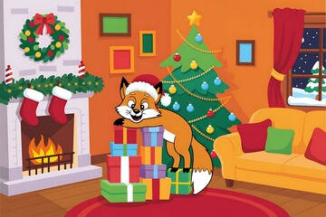 A cheerful fox wearing a Santa hat lies on a stack of Christmas gifts in a cozy living room.
