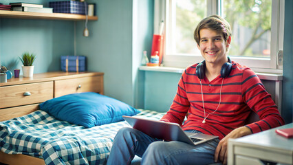 Cheerful young man sitting in his college dorm room with a laptop and headphones, smiling