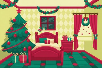 A cozy bedroom is decorated for Christmas with a decorated tree, gifts, and festive garlands.