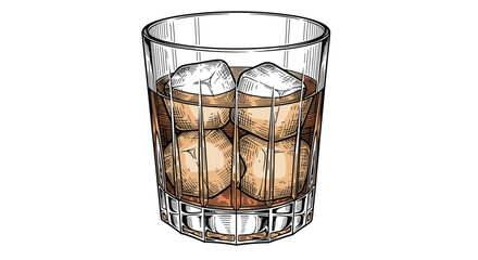 A classic tumbler glass filled with amber-colored whiskey and several ice cubes, depicted in a hand-drawn, vintage style illustration on a white background.