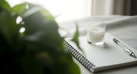 Notebook with glass of yogurt and pen near plant