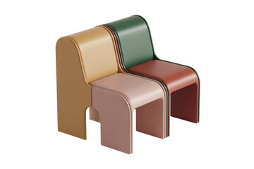 Three modern, minimalist chairs stacked: mustard, pink, dark red/green. Sleek, curved design for a stylish, contemporary aesthetic. background removed