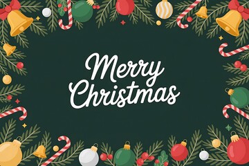 Merry Christmas greeting with festive decorations including ornaments, bells, and candy canes framing a dark green background.