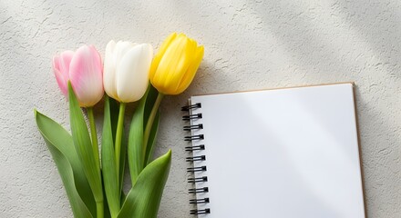Tulips and blank notebook on textured surface