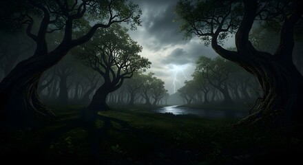 Eerie forest landscape with dramatic lightning strike over winding river, perfect for fantasy book covers, atmospheric nature scenes, and suspenseful storytelling