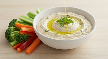 Hummus dip in a white bowl with olive oil drizzling on top, garnished with green herb leaves and fresh vegetable sticks.